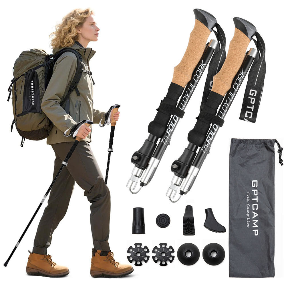 GPTcamp HD3 듀랄루민 7075 초경량 접이식 등산 스틱 트레킹 폴, 1세트, 블랙